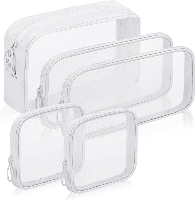 Sinzip 5 Pieces Mini Zipper Nylon Mesh Pouch, Mesh Cosmetic Bags Makeup Bags, Multipurpose Travel Toiletry Bags for Office Supplies and Travel Accessories (White, Assorted Sizes)