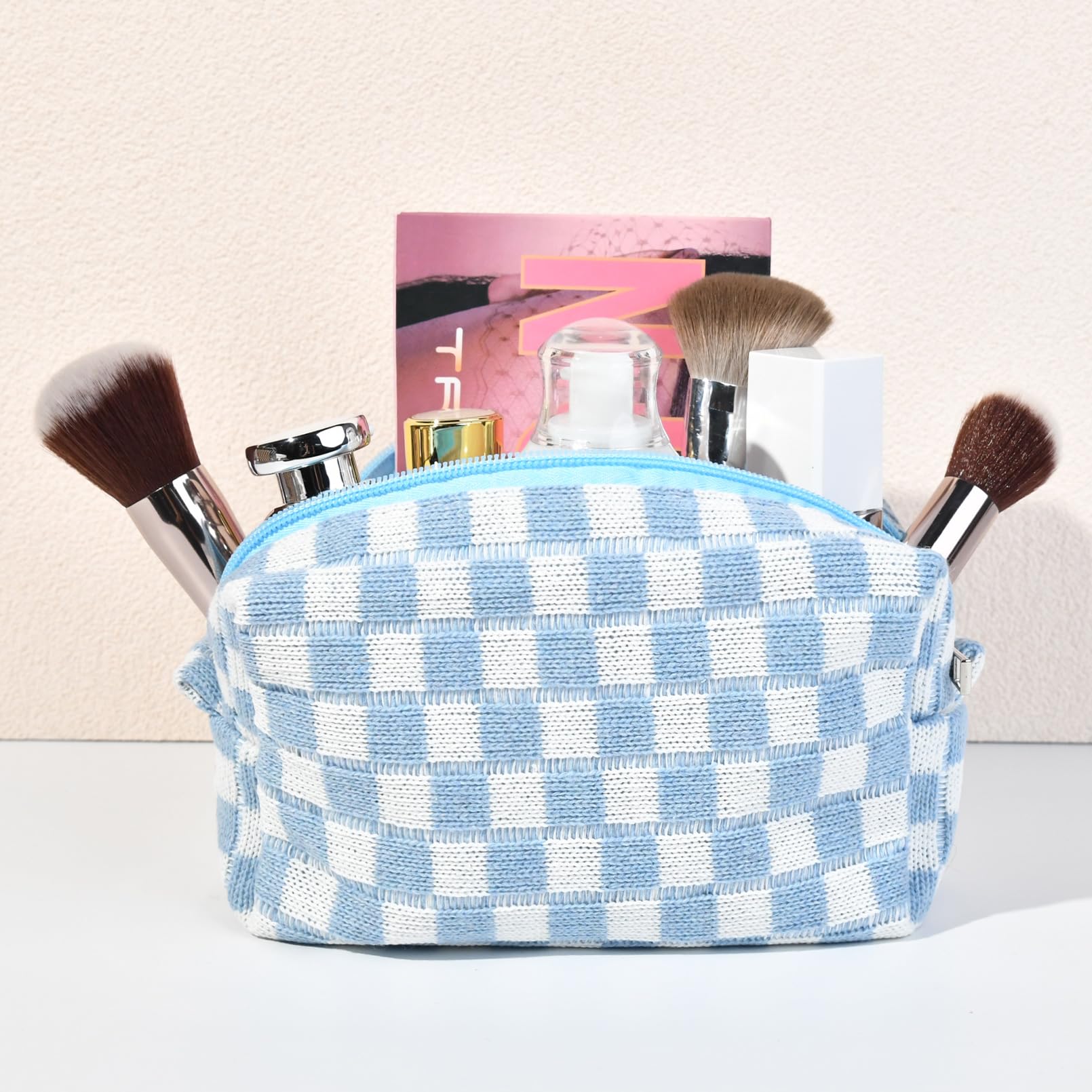 SOIDRAM Checkered Makeup Bag Preppy Cosmetic Bag Bulk Blue Makeup Pouch Personalize Travel Toiletry Bag Organizer Cute DIY Makeup Brushes Storage Bag for Women