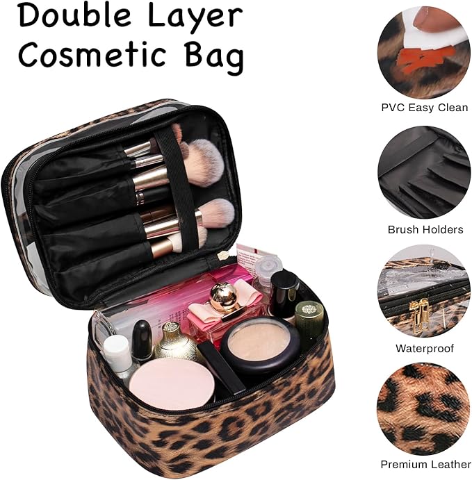 imerelez Double-layer Cosmetic Bag Makeup Bag Travel Makeup Bag Makeup Bags for Women Cosmetics Cases Portable Waterproof Foldable (Leopard)