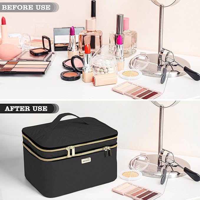 BAFAMYE 8.8L Double Layer Travel Makeup Bag With Mirror For Women, Large Cosmetic Case, Organizer for Travel-Size Accessories Bottles, Brushes,and Skin Care Products, 2.33 GAL, Black