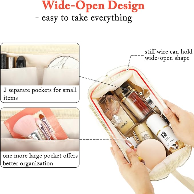 Fammart Travel Makeup Bag, Wide-open Cosmetic Bag Make Up Organizer Case with Brushes Pocket for Women, Large Family Toiletry Bag Skincare Pouch for Toiletries Accessories