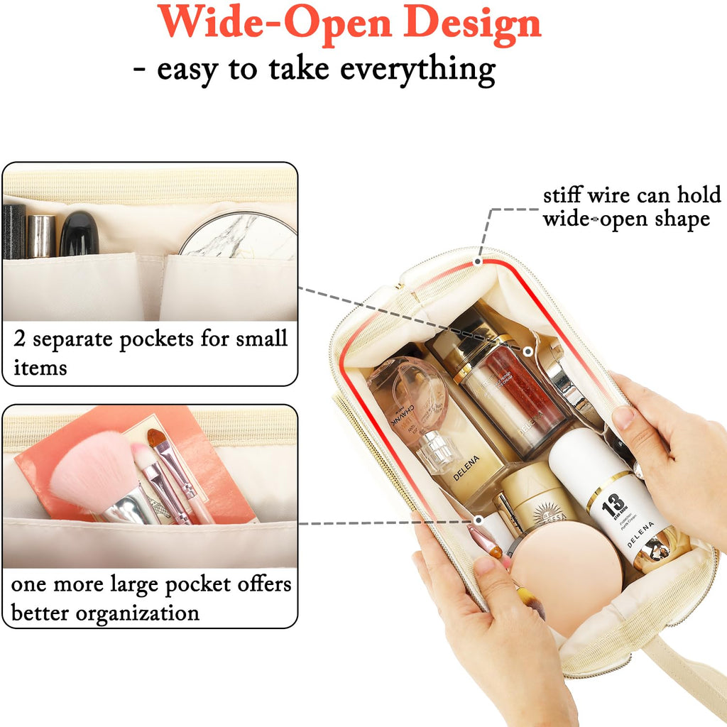 Fammart Travel Makeup Bag, Wide-open Cosmetic Bag Make Up Organizer Case with Brushes Pocket for Women, Large Family Toiletry Bag Skincare Pouch for Toiletries Accessories