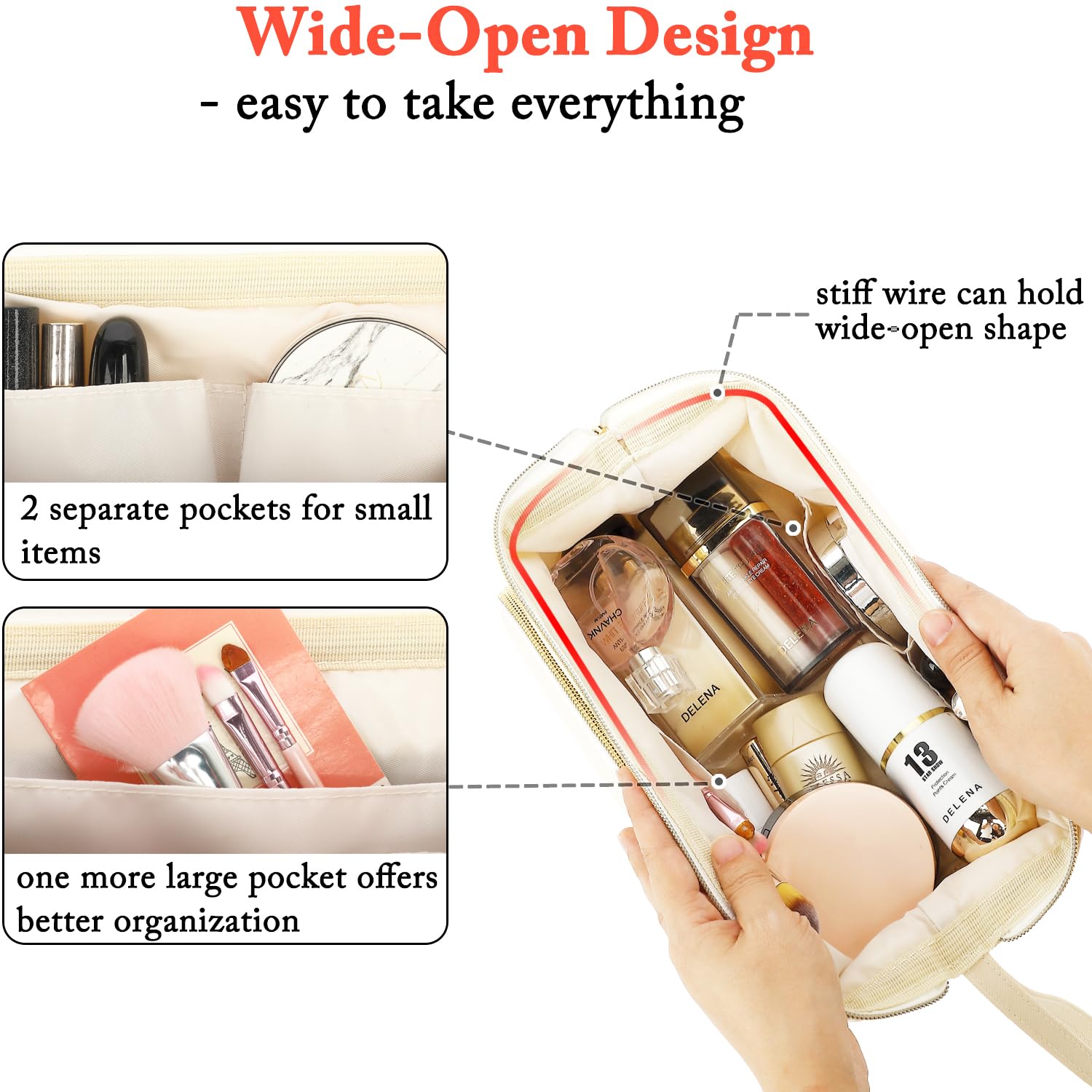Fammart Travel Makeup Bag, Wide-open Cosmetic Bag Make Up Organizer Case with Brushes Pocket for Women, Large Family Toiletry Bag Skincare Pouch for Toiletries Accessories