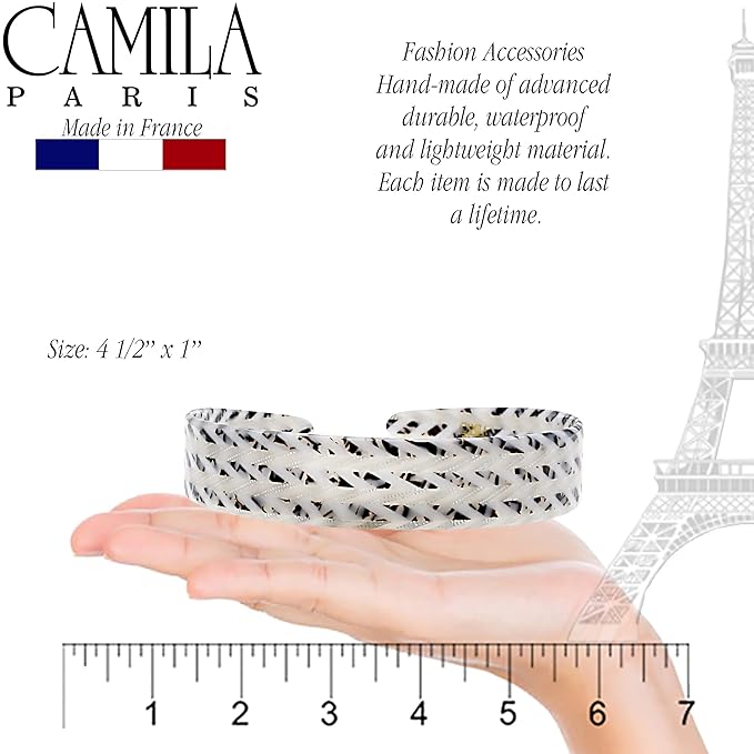 Camila Paris CP3465 French Headband for Women, Handmade White and Gray, Strong Hold Grip Women's Hair Band, Ligth and Very Flexible, No Slip Durable Styling Girls Hair Accessories, Made in France
