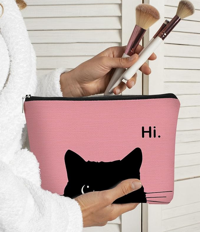 BARPERY Cute Cat Makeup Bag - Black & Pink, Small Cosmetic Bag for Women & Teen Girls, Birthday Gift for Cat Lovers & Owners