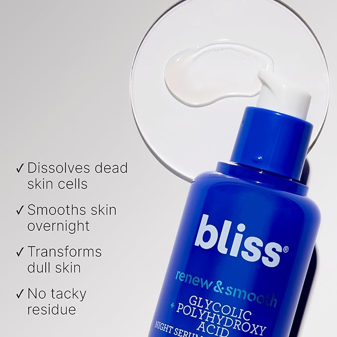 Bliss Renew & Smooth Night Serum – Glycolic Acid + Polyhydroxy Acid Exfoliating Serum – Resurfaces Skin, Smooths Texture & Brightens Tone Overnight – 1 Fl Oz