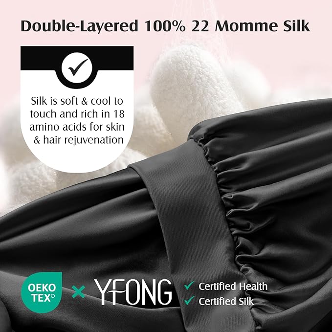 YFONG 100% Mulberry Silk Bonnet for Sleeping Women Men, Large Double Layer