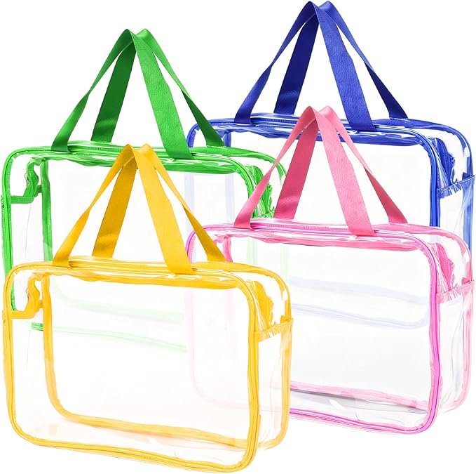 YOQIVEXU 4 Packs Large Clear Toiletry Bag, Waterproof Clear Makeup Cosmetic Organizer Bags with Handle, Transparent Handbag with Zipper for Travel Airport Airline Vacation