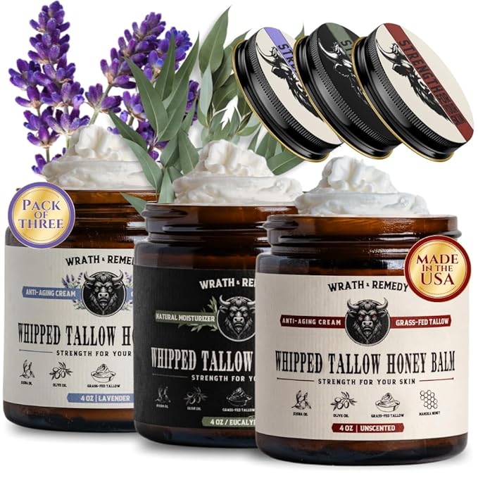 Organic Beef Tallow for Skin & Face - Whipped Honey Balm, Pack of 3 (4 OZ)