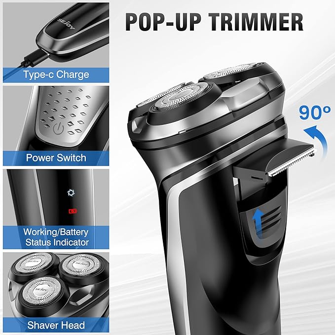 Sejoy Men's Electric Shaver, Men's Shaver, Men's Beard Shaver, Wireless Electric Shavers, IPX7 Waterproof, with Pop-Up Trimmer, 80,000 Power: 1 Hour Fast Charging-3D Floating Head, Black