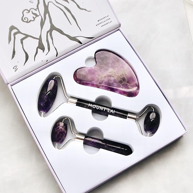 Mount Lai - The Amethyst Trio Calming Facial Set | Amethyst Face Roller and Gua Sha Set | Gua Sha Tools to Relieve Muscle Tension and Reduce Puffiness | Anti Aging Skin Care Sets for Women