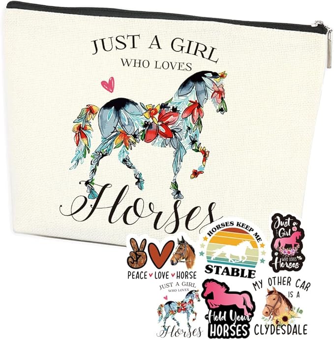Horses Gifts Girls Horse Cosmetic Bag and 5 Piece Stickers