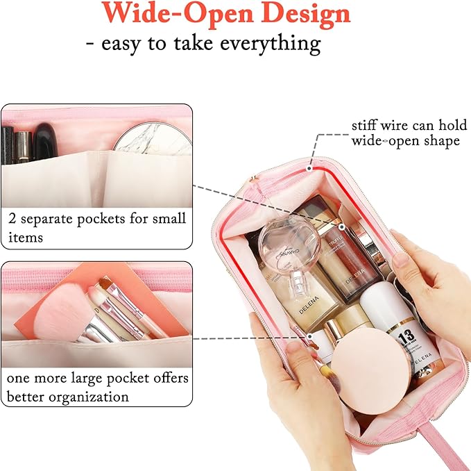 Fammart Travel Makeup Bag, Wide-open Cosmetic Bag Make Up Organizer Case with Brushes Pocket for Women, Large Family Toiletry Bag Skincare Pouch for Toiletries Accessories