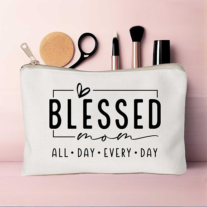 HubbgDesign Blessed Makeup Bag for Mom, Inspirational Bible Verse Cosmetic Pouch, Mom Life Travel Toiletry Bag, Mother’s Day Birthday Gift Idea for Women, Mama Vibes Makeup Case