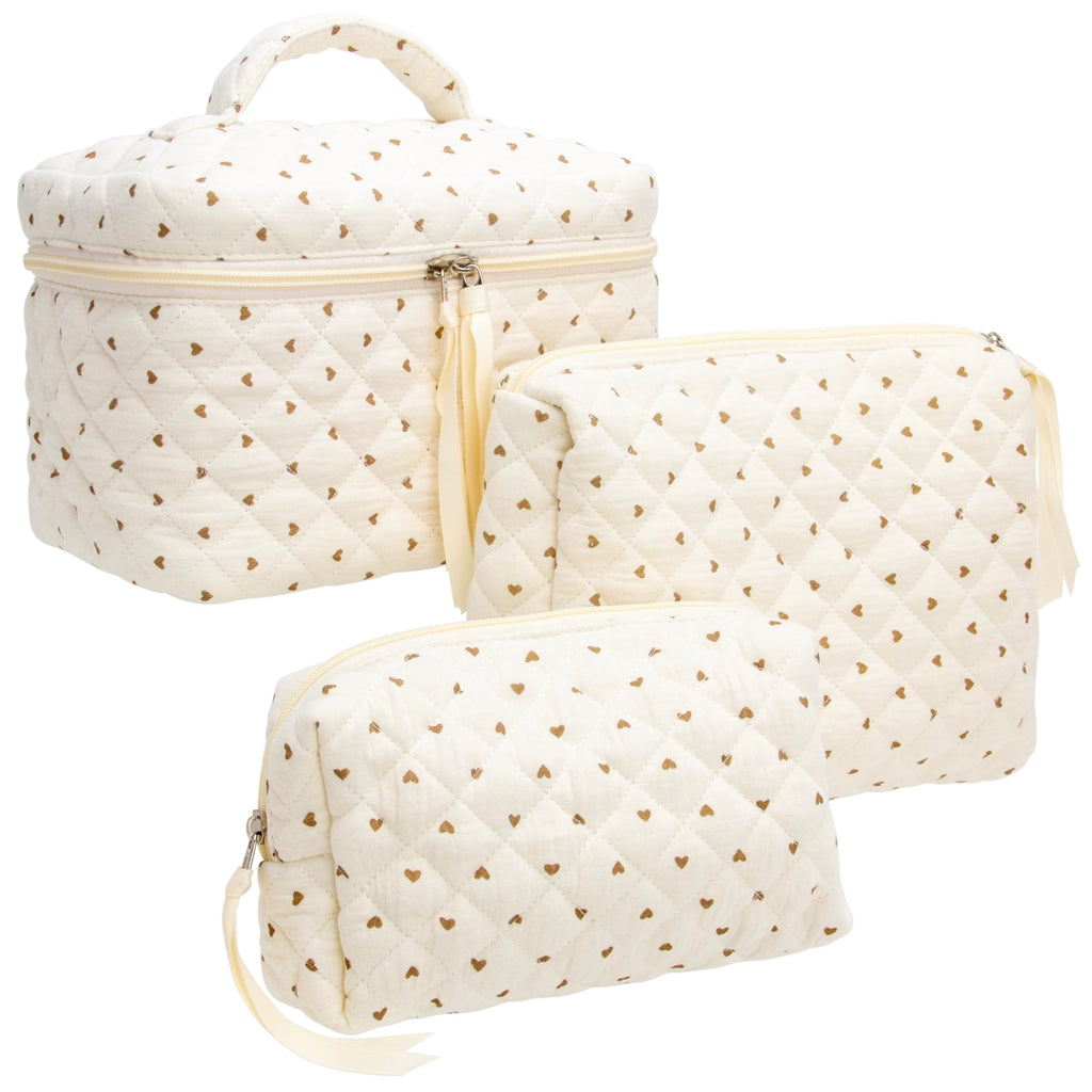 3 Piece Quilted Makeup Bag Set for Women,Cosmetic&Toiletry Bag,Gauze Heart