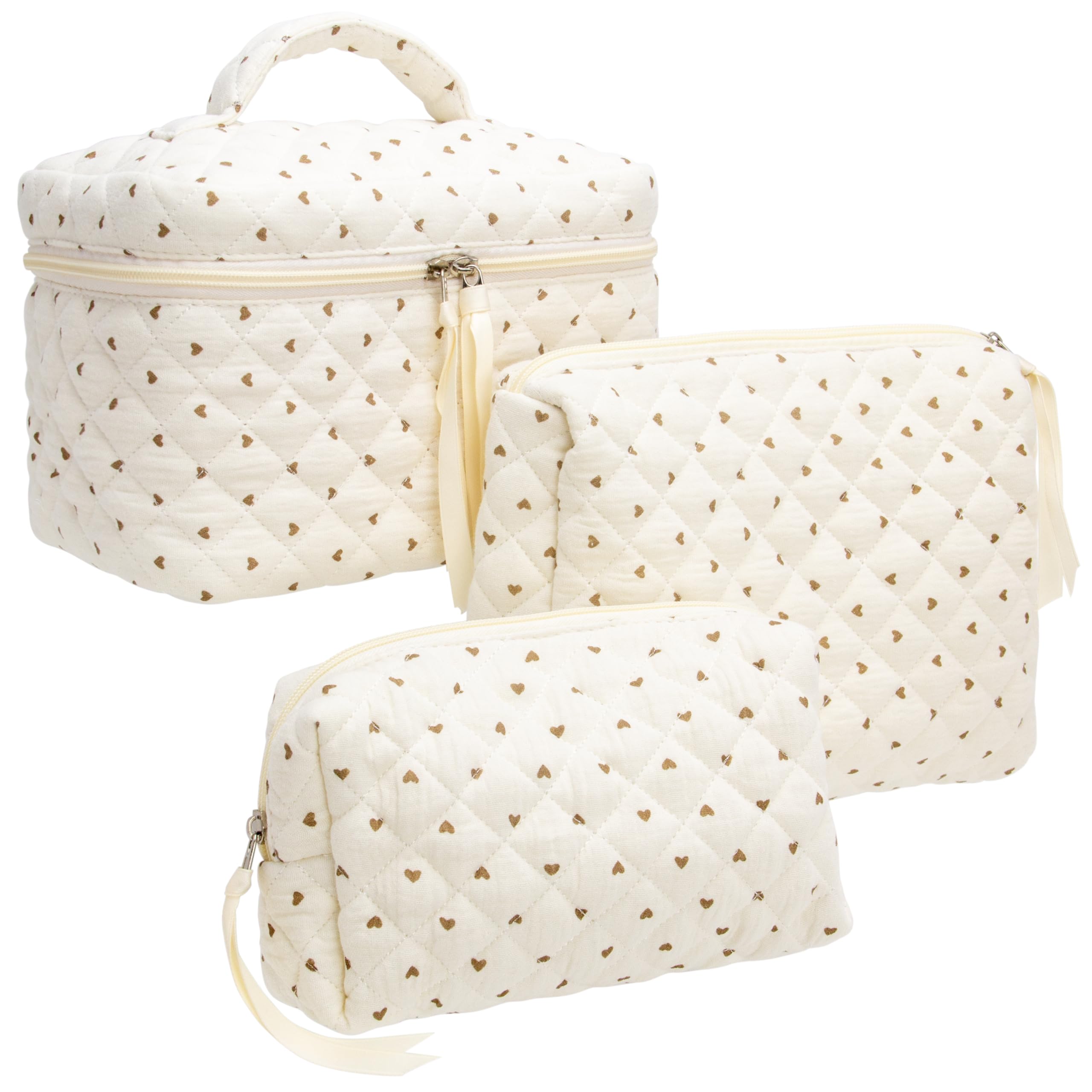 3 Piece Quilted Makeup Bag Set for Women,Cosmetic&Toiletry Bag,Gauze Heart