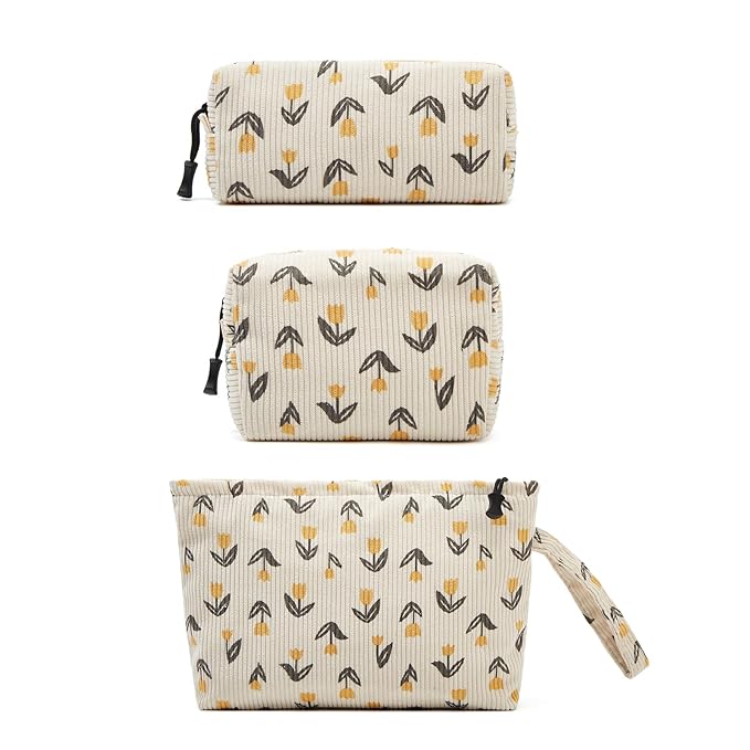 ZOEMTIU Makeup bag set small Cosmetic bag for women purse Corduroy Organizer with interior Pockets,cute Pencil zipper Pouch travel Toiletry Bag with handle(Tulip Yellow)
