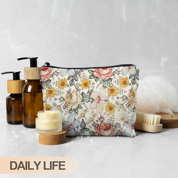 RYYCDOI Floral Makeup Bag, Vintage Floral Pouch for Women, Aesthetic Makeup Bag, Flower Gifts for Women, Gifts for Flower Lovers, Colorful Garden Flowers Makeup Pouch