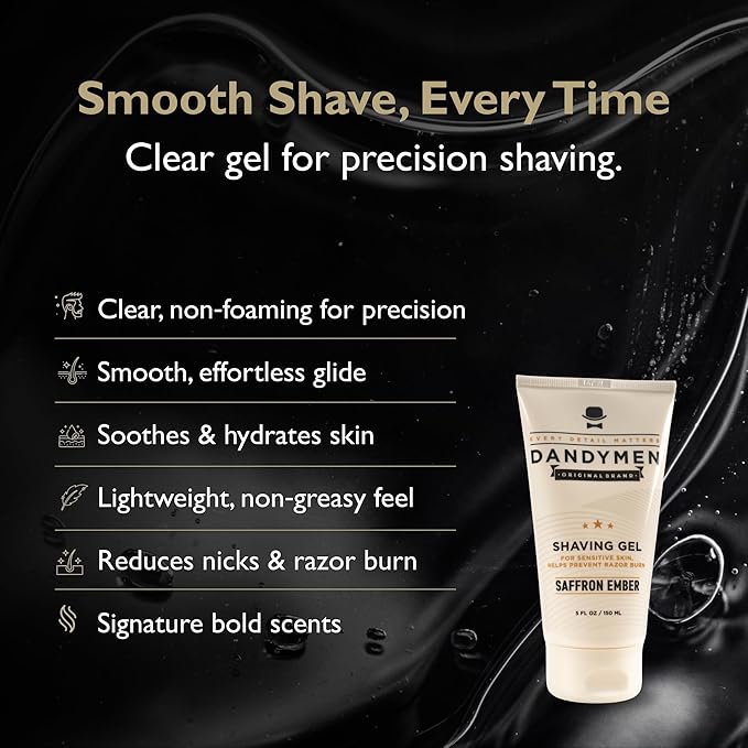 DandyMen Clear Shaving Gel for Men – Precision Edge with Pro-Vitamin B5 – Non-Foaming & Hydrating for Sensitive Skin – Saffron Ember, 5 oz