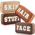 Remerry 4 Pcs Nylon Makeup Bags Waterproof Spacious Travel Cosmetic Bag for Women Chenille Letter Preppy Zipper Pouch Face Stuff Skin Hair Organizer Gift(Brown Series)