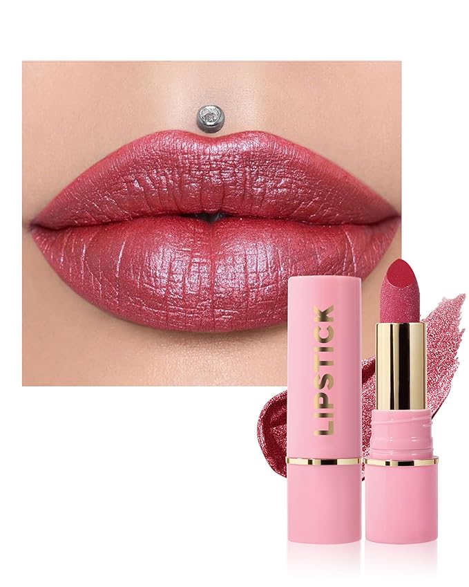 Caedelfly Glitter Metallic Rose Nude Shimmer Lipstick Long Lasting,Glitter Diamond Shine Red Lipstick Transfer Proof Non-Stick Lip Gloss Shimmer Highly Pigmented Full Coverage Lip Makeup for Women-05
