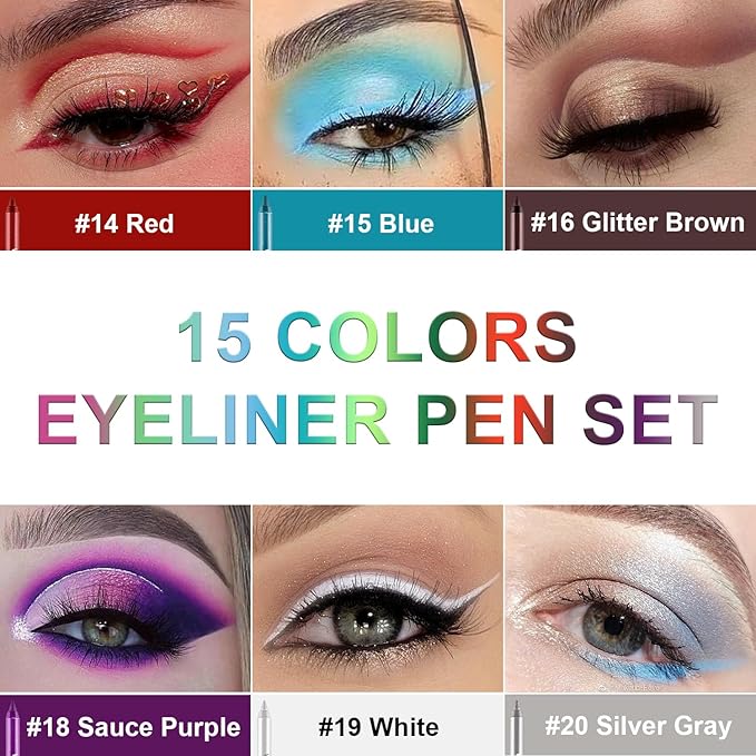 Meilury 15 Colorful Eyeliner Pen Set, Eye Shadow Pencil, Pearl Eyeliner Kit Metallic Glitter Colored Eye liner for Women Eye&Lip Liner Professional Waterproof Eye Makeup