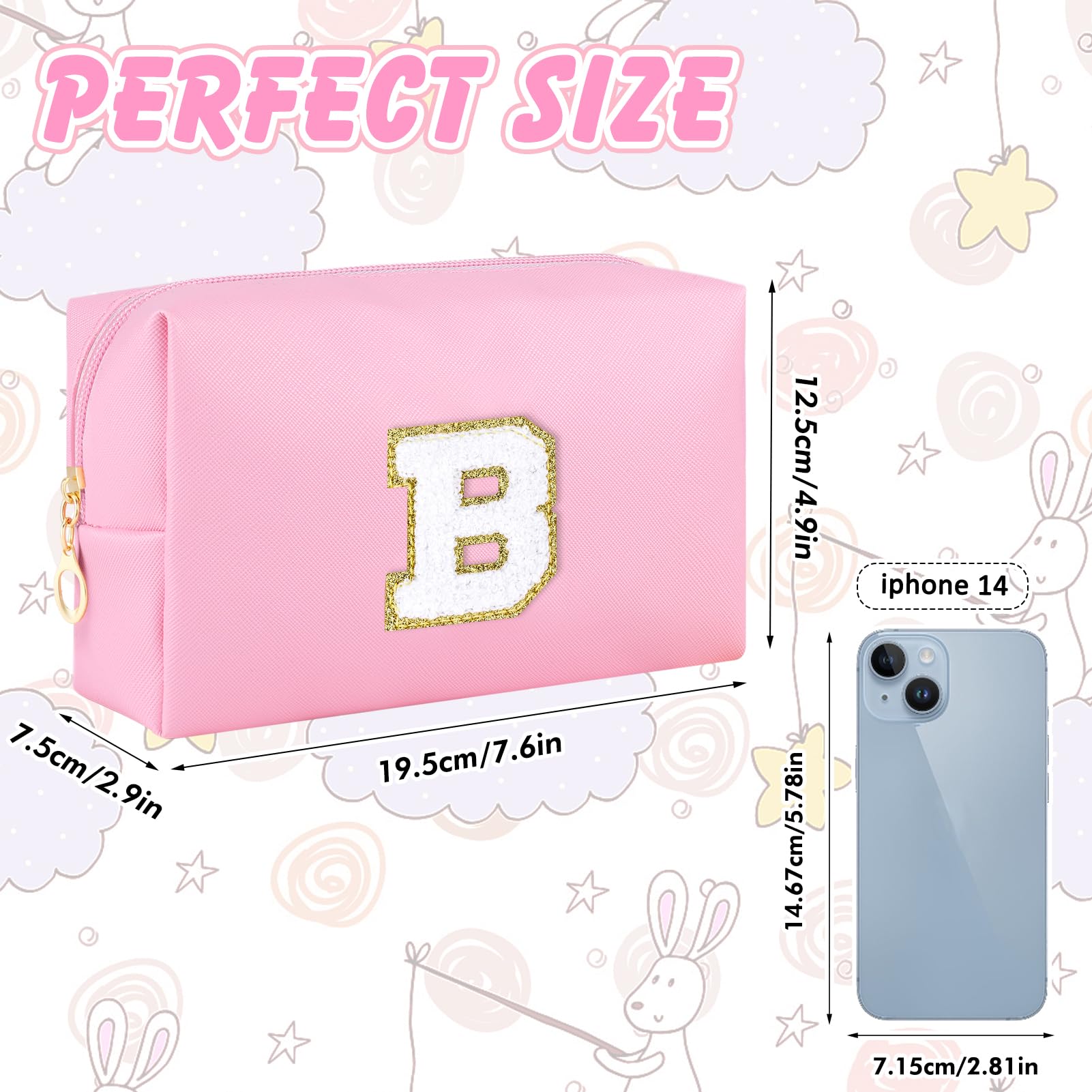 URSKYTOUS Initial Makeup Bag Personalized Preppy Travel Small Cosmetic Bag Cute PU Pink Chenille Letter Makeup Pouch for Purse Waterproof Zippered Toiletry Organizer for Women Girls Kids Friends（B）