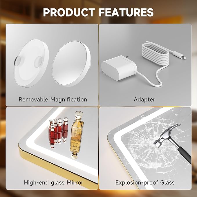 Hasipu Vanity Mirror with Lights, 22.8" x 18" LED Makeup Mirror, Lighted Makeup Mirror with Dimmable 3 Modes, Touch Screen Control Vanity Mirror Round Gold