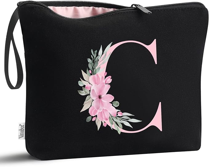 Vavabox A-Z Personalized Makeup Bag, Birthday Gifts for Women Mom, Gifts for Best Friend, Bride Bridesmaid Cosmetic bag (C, 02-Black)