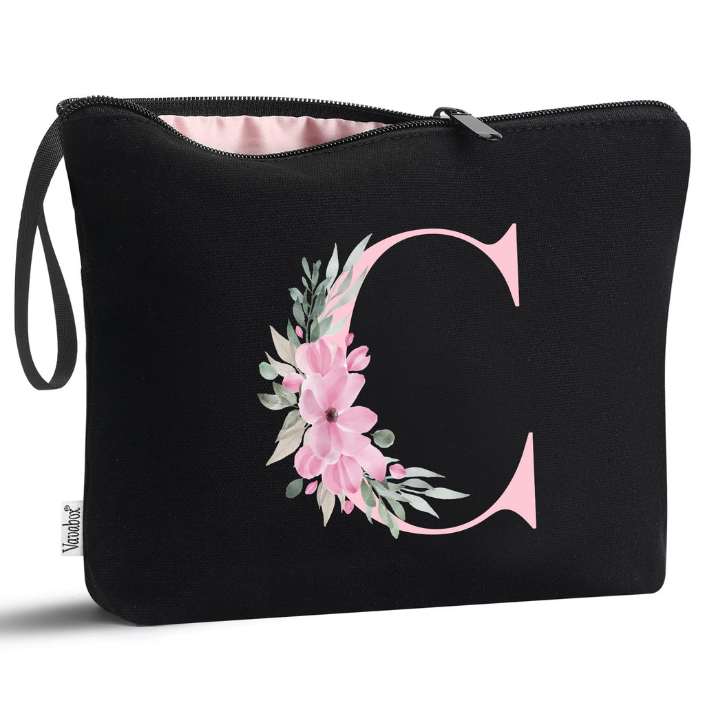 Vavabox A-Z Personalized Makeup Bag, Birthday Gifts for Women Mom, Gifts for Best Friend, Bride Bridesmaid Cosmetic bag (C, 02-Black)