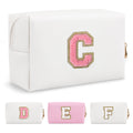 Small Personalized Initial A-Z Preppy Patch Makeup Bag,White PU Chenille Letter Travel Cosmetic Pouch with Zipper,Cute Toiletry Bag,Gift Ideal for Teen Girls Women Teacher Bridesmaid,Letter C