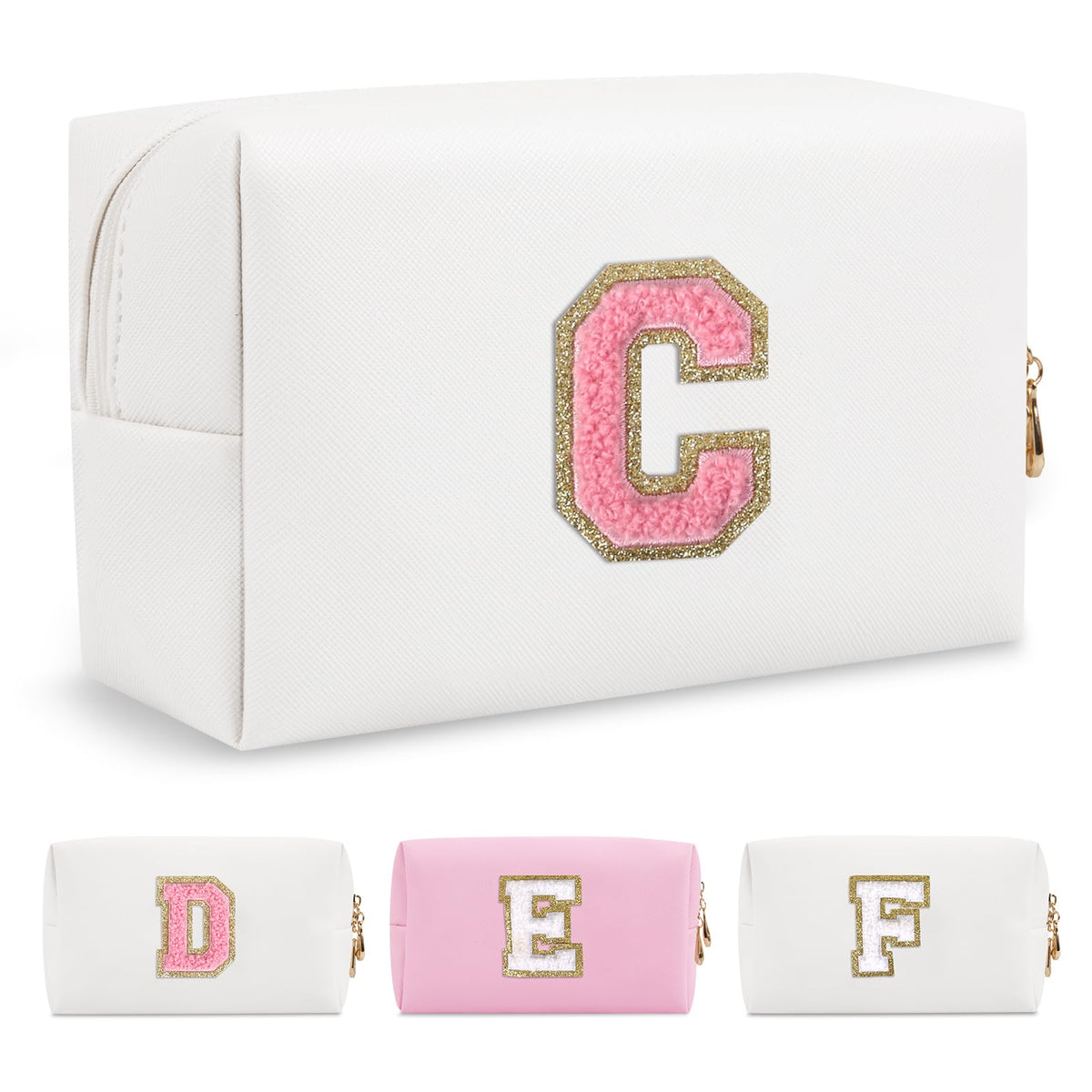 Small Personalized Initial A-Z Preppy Patch Makeup Bag,White PU Chenille Letter Travel Cosmetic Pouch with Zipper,Cute Toiletry Bag,Gift Ideal for Teen Girls Women Teacher Bridesmaid,Letter C