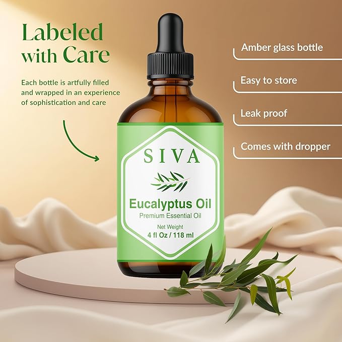Siva Eucalyptus Essential Oil 4 Fl Oz – for Diffuser, Skin & Hair Care – Ideal for Aroma, Massage & DIY Blends- with Dropper