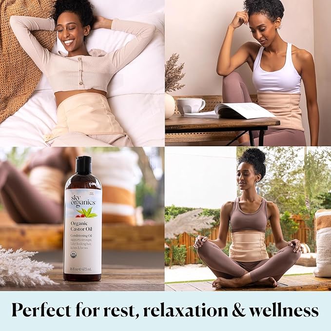 Sky Organics - Organic Castor Oil Pack Wrap Set - 16oz Castor Oil Organic, Adjustable Neck & Body Wraps, Body Wipes - for Liver Detox, Constipation Relief, Skin Care, Muscle Pain - Self Care - Beauty