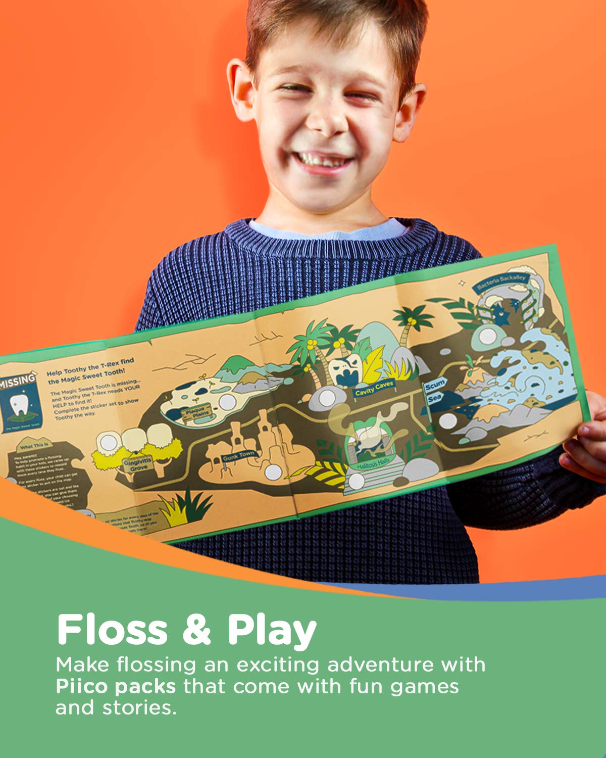 Piico Unflavored Kids Floss - No Fluoride Dual Line Dental Floss Picks - Fun Oral Care in Colorful Floss Sticks Design - Flossers Prevent Tooth Decay & Gum Disease - 300 Playground Dino & Travel Case