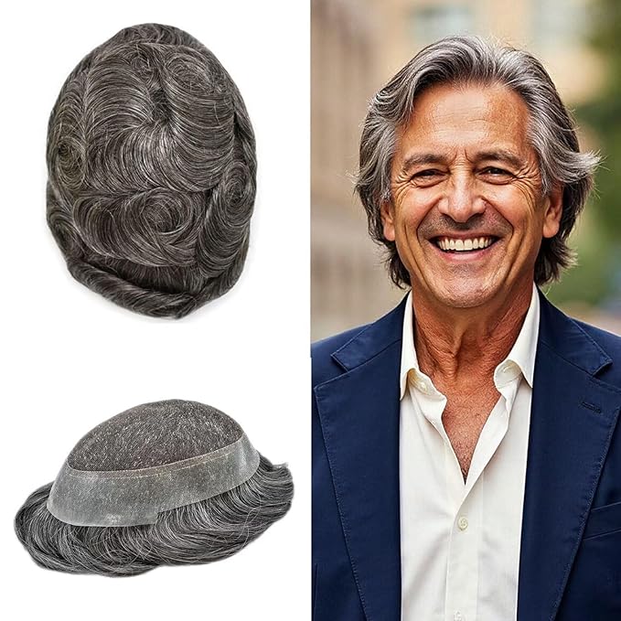 F M FACE MIRACLE NEW YORK Toupee for Men French Lace Center Mens Toupee Hairpiens Human Hair Replacement System Black Brown Blonde Gray Hair Units, 7X9