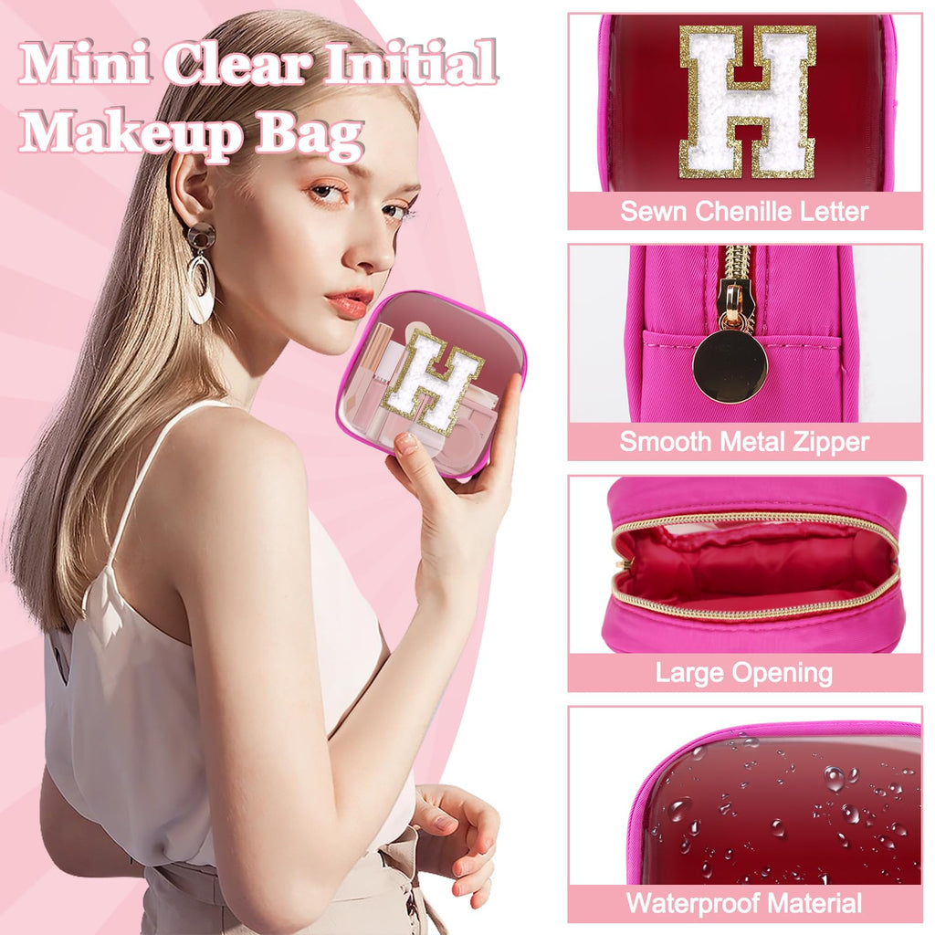 Mini Clear Personalized Initial Makeup Bag,Nylon Preppy A-Z Chenille Letter Patch Zipper Cosmetic Bag, Small Cute Beach Pouch Travel Purse Sanitary Napkin Storage Bag for Women Girls(Hot Pink-White H)