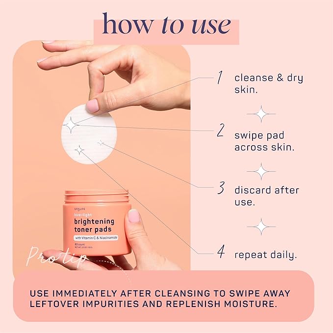SpaLife Brightening Korean Toner Pads | For Uneven Skin Tone, Dark Spots & Discoloration, Clogged Pores, Dullness with Vitamin C, Niacinamide | Pre-Soaked Pads | 60 Count