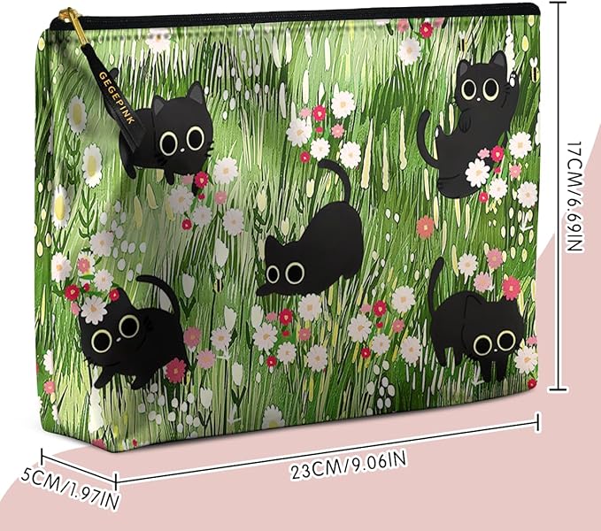 GEGEPINK Cute Makeup Bag for Purse Waterproof Cosmetic Bags for Women Funny Smooth Zipper Travel Toiletry Pouch 10X8 Inches-Black Cat Floral Makeup pouch