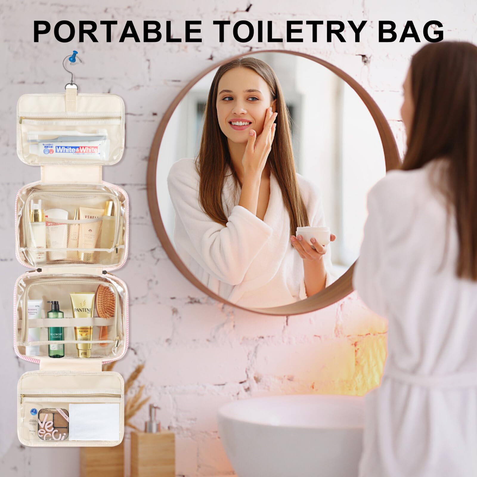TOPEAST Travel Toiletry Bag Makeup Bag - Hanging Toiletry Bag for Women, Portable Toiletries Travel Bag and Cosmetic Bag, Airplane Travel Essentials Travel Toiletry Bag - Letter J, Pink
