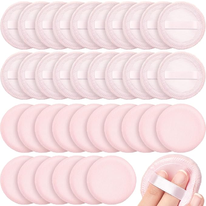 SiliFine 40 Pcs Cotton Powder Puffs Bulk Washable, 2.36 Inch Round Makeup Dusting Puff with Ribbon for Loose and Pressed Powder Face Body Cosmetic, Pink