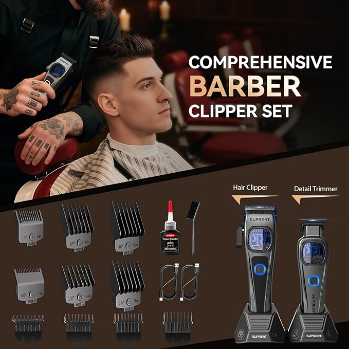 SUPRENT StormGray Professional Hair Clippers for Men - Cordless Barber Clippers & Zero-gapped Trimmer Set, Haircutting Kit with High Performance Motor, Blue Titanium-Coated Blades, Charging Stands