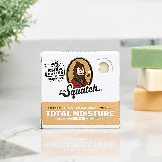 Dr. Squatch Total Moisture Natural Men’s Bar Soap – No Added Fragrance, Safe for Sensitive Skin, Plant-Based Ingredients – Non-Drying Face + Body Soap Bar – Gifts for Men – Shea Butter, 5oz (3-Pack)