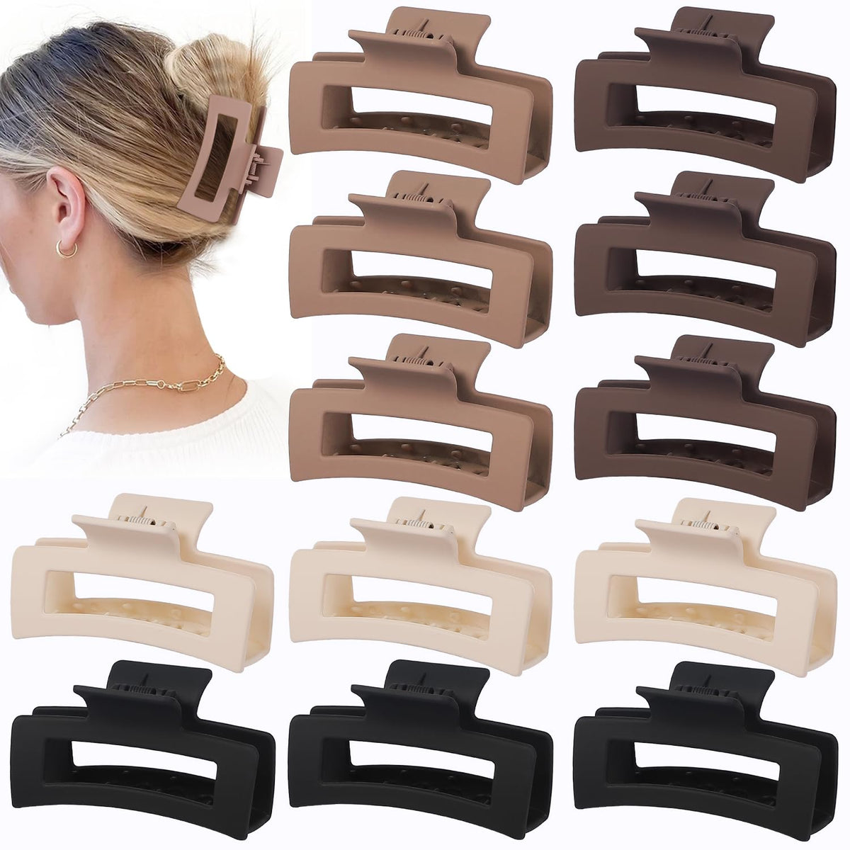 Sisiaipu 3.5 Inch Hair Clips - 12 Pcs Square Jaw Clips for Thick and Thin Hair, Rectangular Hair Accessories for Women and Girls - Neutral