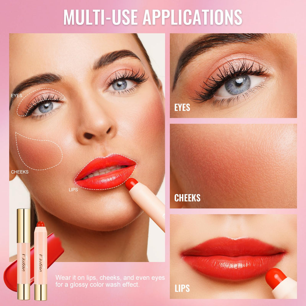 Oulac Coral Red Lipstick - Moisturizing Lipstick Tinted Lip Balm for Dry Lips | Vibrant Bright Red Lip Crayon & Blush - Lip Colour and Cheeks Makeup | 2.48g, Bloom Bloom (03)