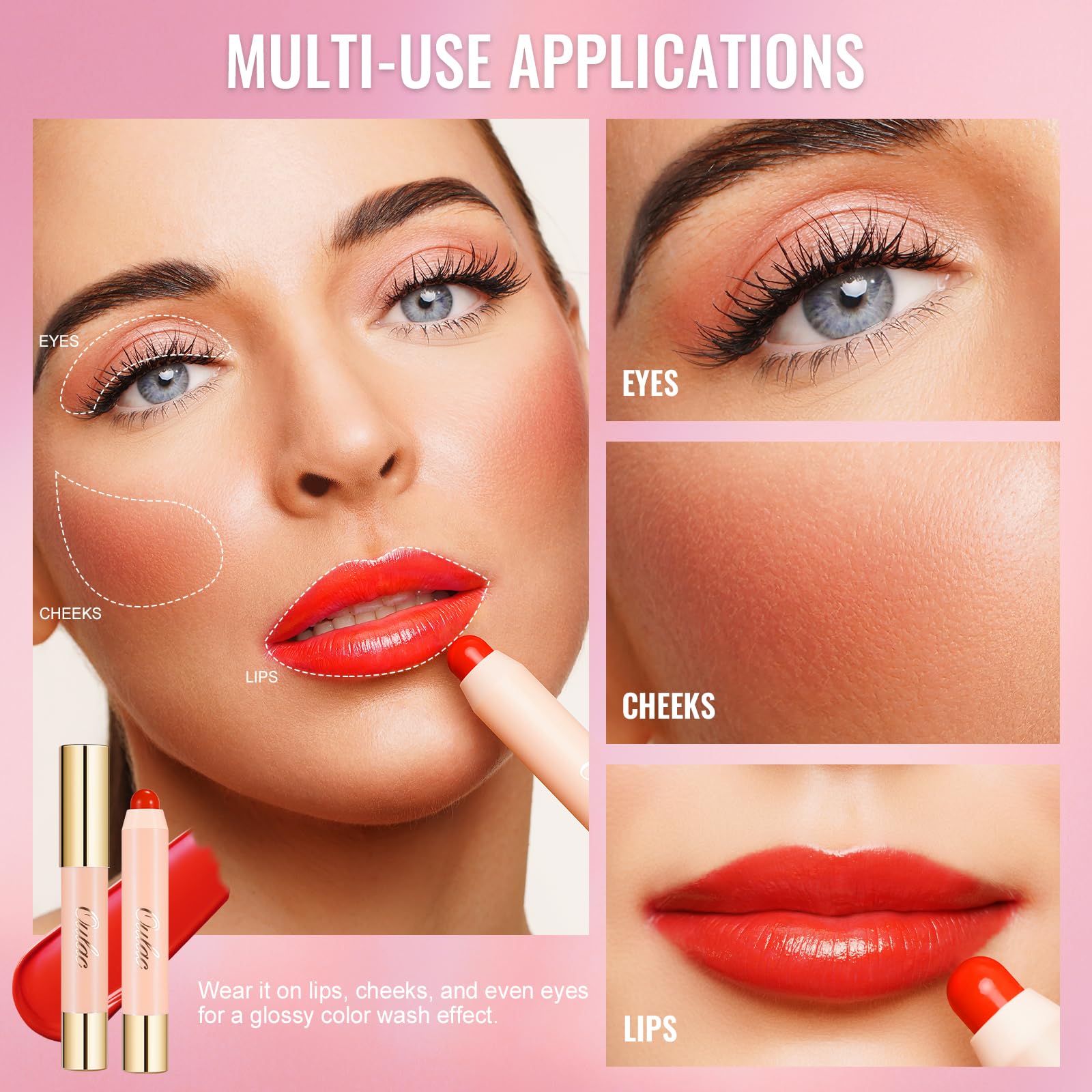 Oulac Coral Red Lipstick - Moisturizing Lipstick Tinted Lip Balm for Dry Lips | Vibrant Bright Red Lip Crayon & Blush - Lip Colour and Cheeks Makeup | 2.48g, Bloom Bloom (03)