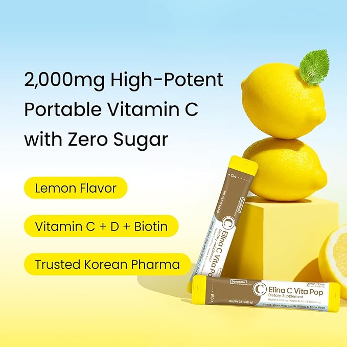 DONGKOOK Vita Pop Vitamin C 2,000mg Powder Vitamin D & Biotin, Zero Sugar, High Absorption VIT C Supplement, Immune Support, Antioxidants, Non-GMO Lemonade Drink Mix, Korean Supplements 100 Packets