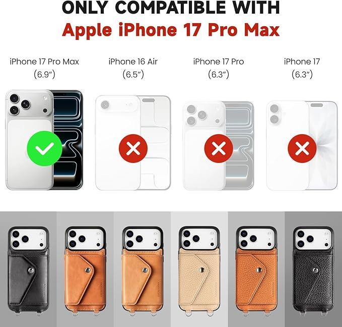 LUCKYCOIN Crossbody Phone Case for iPhone 17 Pro Max, 100% Genuine Leather Phone Wallet Case for Women, Premium Hands-Free Phone Purse with Expandable Flip Card Holder & Adjustable Strap - Retro Tan