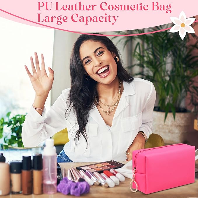 Chunful 24 Pcs Preppy Makeup Bag PU Leather Cosmetic Bag Bulk Makeup Plain Pouch Waterproof Toiletry Purse for Women Traveling Preppy Pencil Case Valentine's Day Gifts(Rose Red)