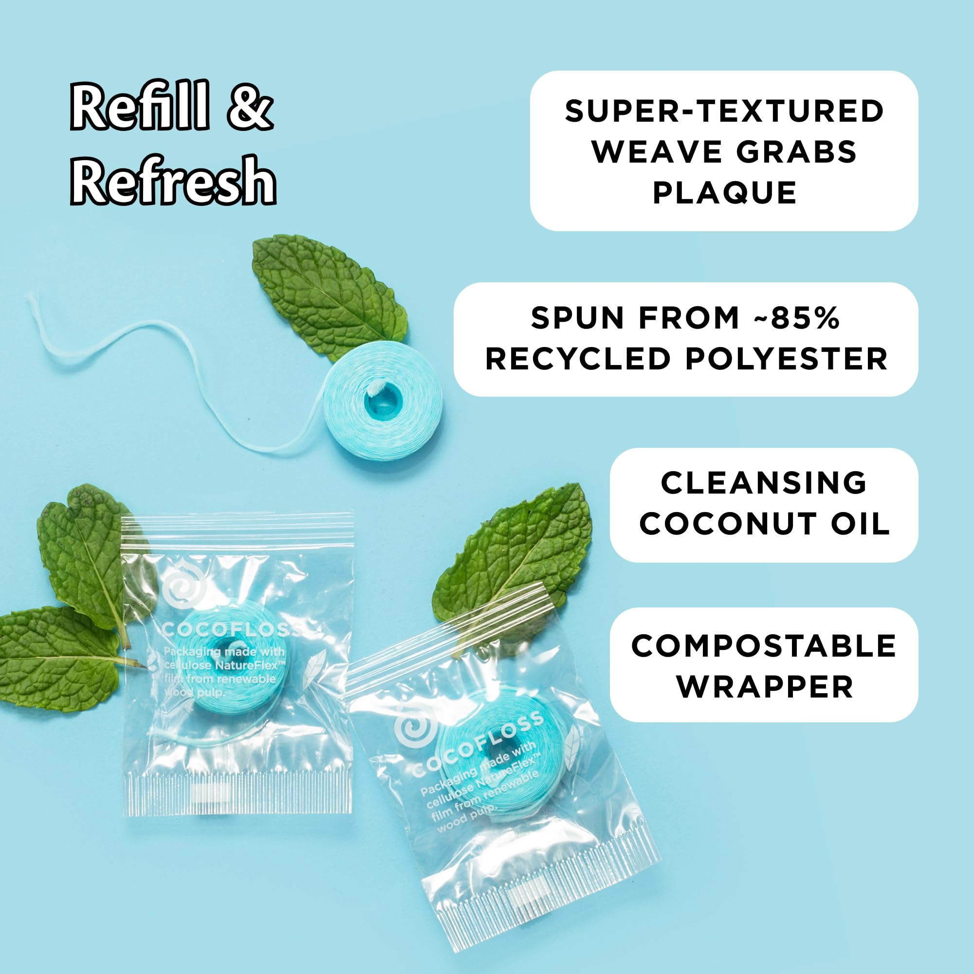 Cocofloss Woven Dental Floss Refill by COCOLAB, Mint Scent, 3-Pack